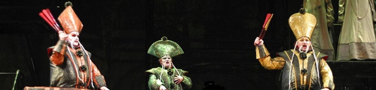 Michel Corbeil as Pong, Peter Blanchet as Pang, and Gregory Dahl as Ping; photo by Tim Matheson